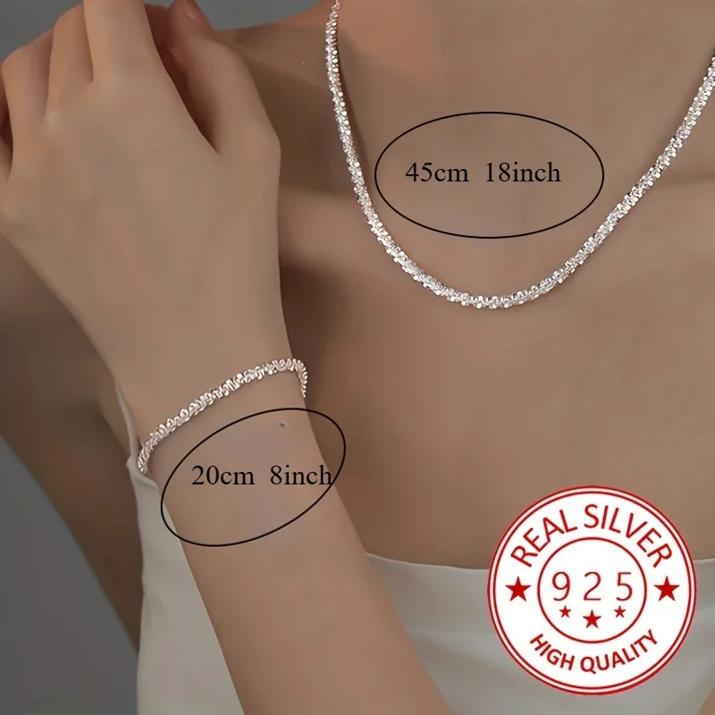 Fashion Kpop 2pcs 925 Sterling Silver Classic Bracelet Necklace Jewelry Set For Women Original Jewelry Wedding Engagement Gift image 3