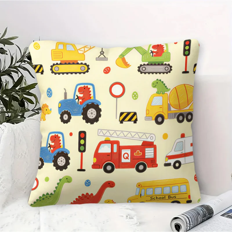 Cartoon Construction Dinosaur Truck Throw Pillow Cushion Accent Pillow Includes Pillow Core Digital Print Sofa Couch Room Decor