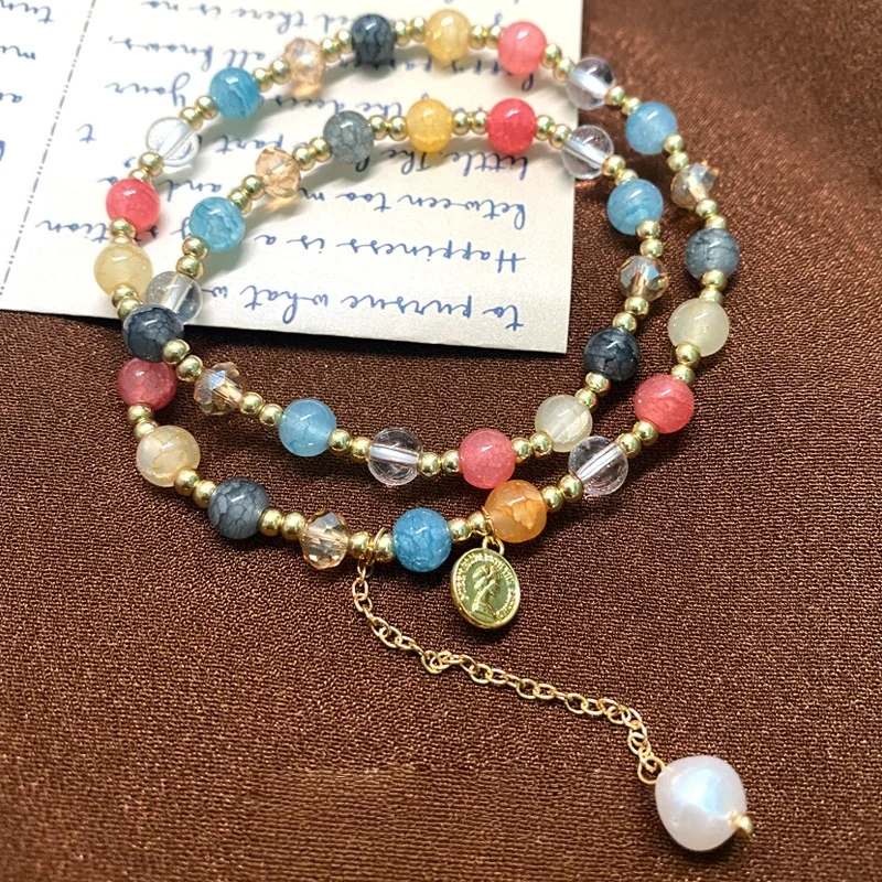 Fashionable double-layer crystal bead bracelet, women's retro color stacked bracelet, bracelet, hand jewelry gift