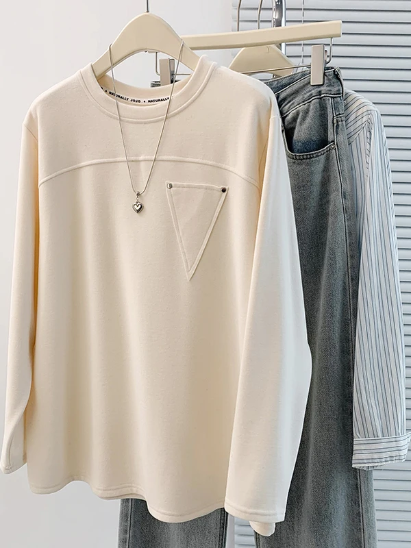 

Warm Casual Thiened Faionable All-match Base irt T-irt Autumn Winter Design Sense Ladies' High Waist Linen Blend T-irt