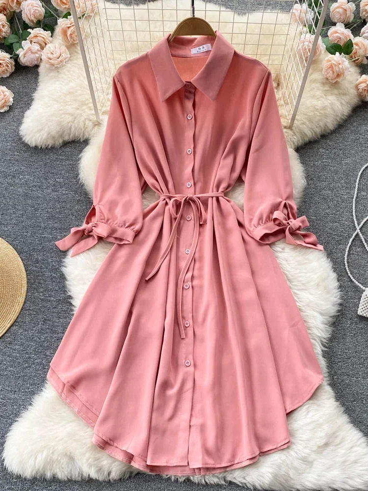 Women Spring Summer Vestidos Hot Korean Style Single-breasted Waist Slim Mid-length Fashion High-waist A-line Dress Female D0808