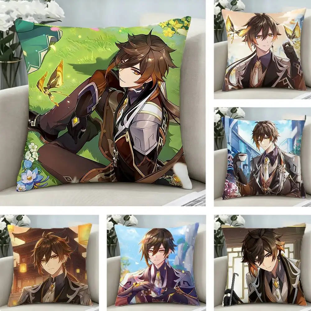 Geo A-Archon Z-Zhongli Genshin Pillow Case Pattern Printed Pillowcase For Living Room Sofa Cushion Cover