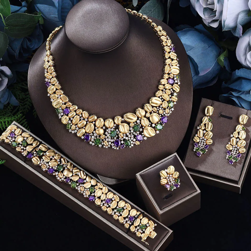 

Zlxgirl Luxury Dubai gold CZ zircon wedding necklace earring bracelet ring 4pc set brand women's bridal necklace set free ship