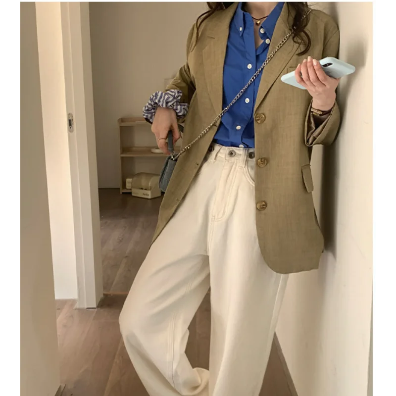 Autumn Casual Blazer Women Back Slit Suits Tailored Clothing Loose Fall Coats Versatile Cardigan Long-sleeved Pockets Khaki Tops