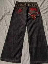 HOUZHOU-pantalones vaqueros Vintage Harajuku para mujer, ropa de calle holgada, Dinim, Patchwork de gran tamaño, letras bordadas, verano, Y2k