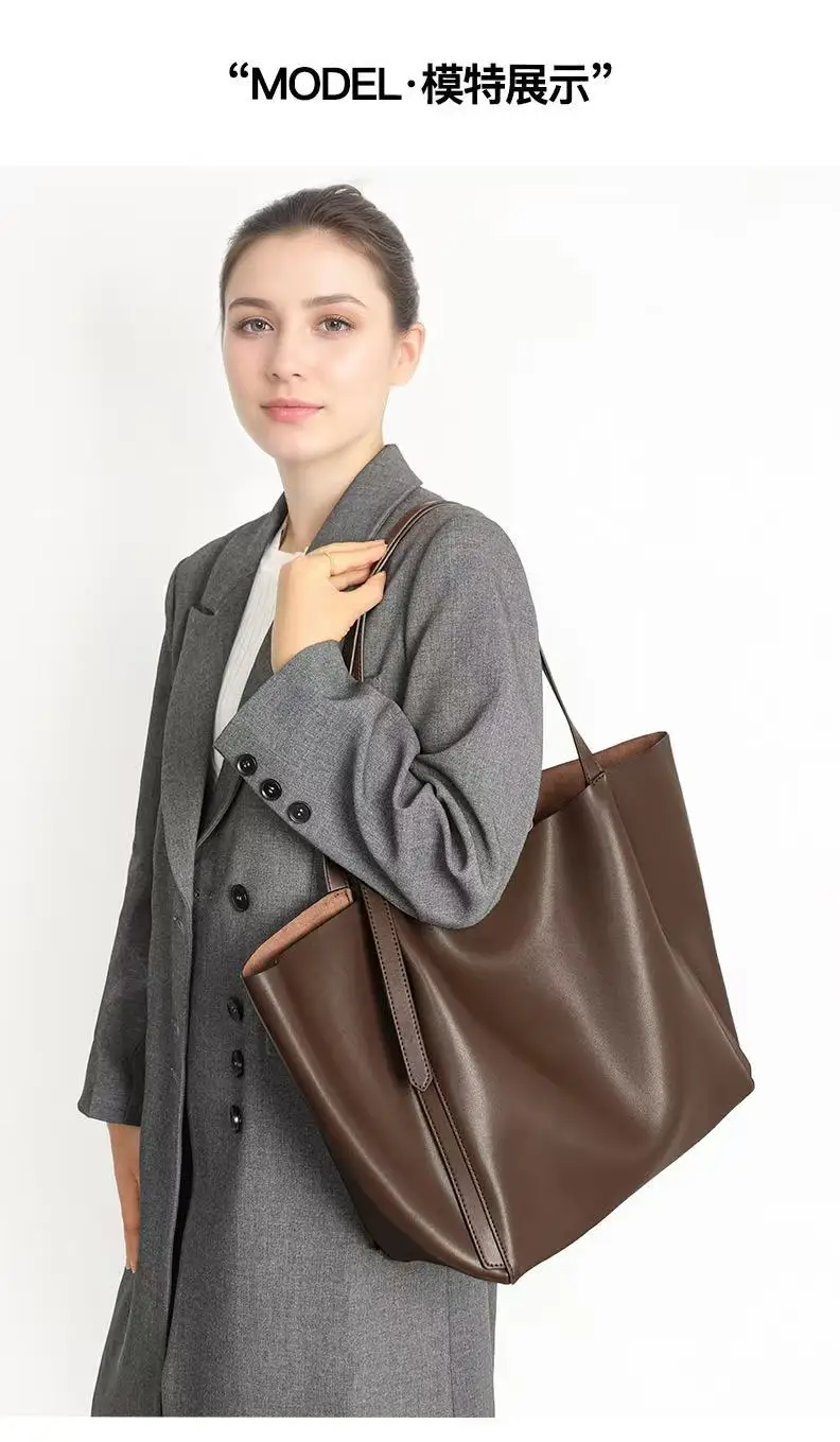 

Leather large capacity bag for women, 2025 new style, fashionable and retro tote bag, Korean version, trendy crossbody bag