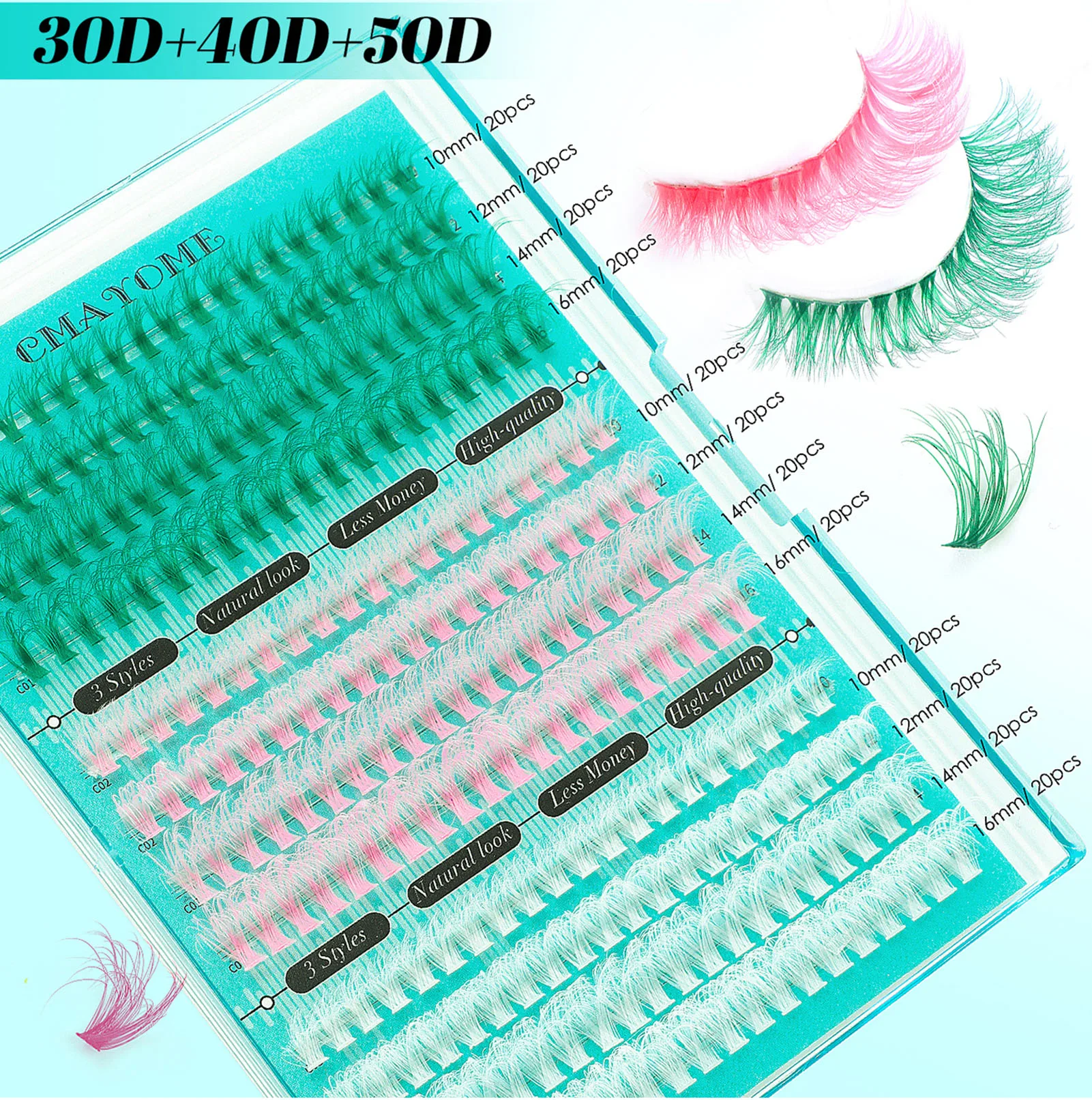 Juego de pestañas postizas de colores, extensiones de grupos de pestañas esponjosas, pegamento de unión y sello, kit de pestañas de color para maquillaje de Cosplay, 80D-100D