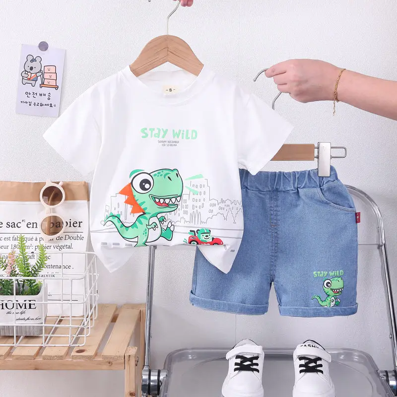 New Kids Cartoon Car Outfit Dinosaur T-shirt Shorts 2Pcs/Set New Fashion Baby Boys Girl Clothing Children Tracksuits 0-5 Years