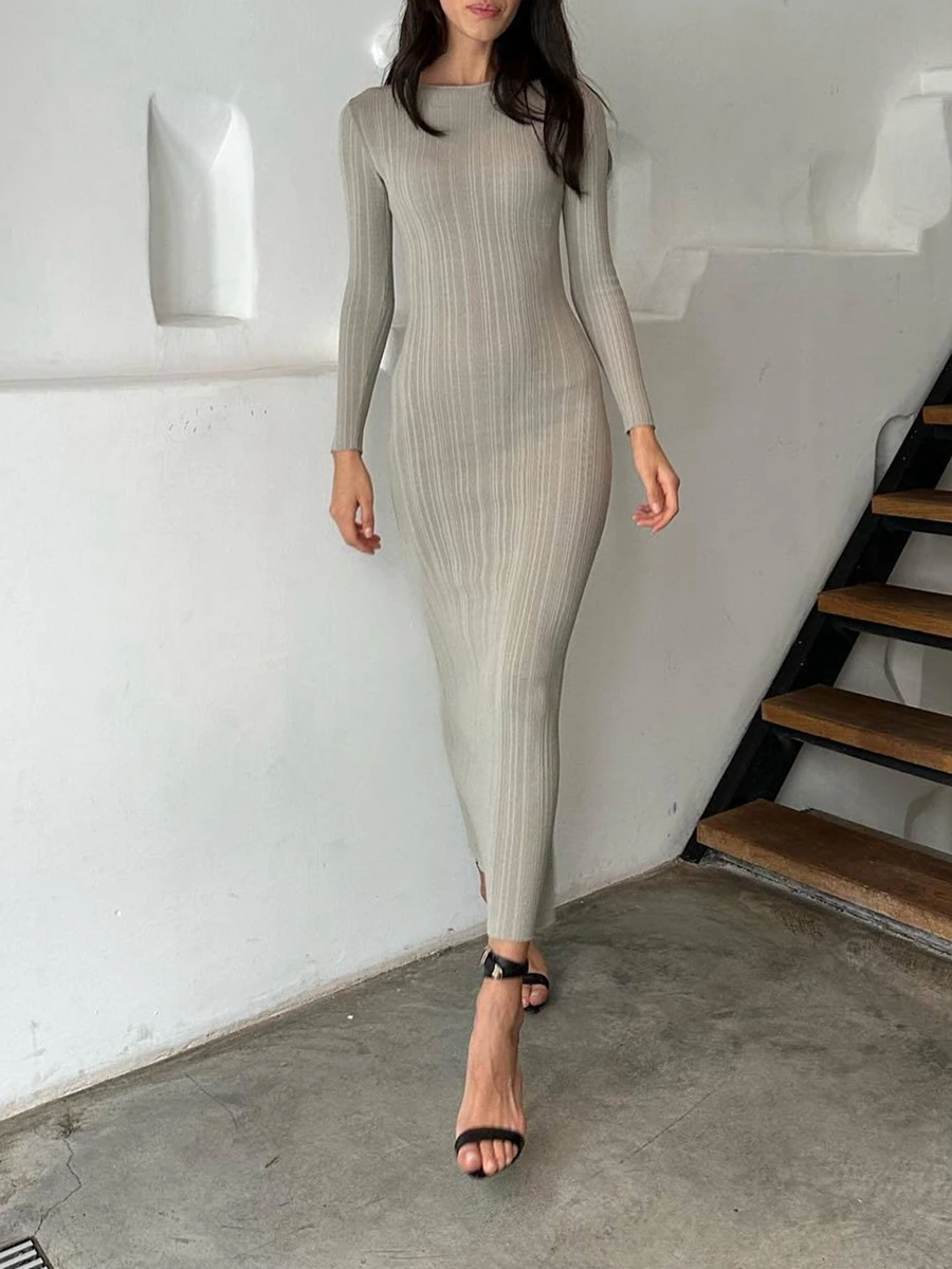 Women Spring Autumn Solid Color Bodycon Knit Dress Long Sleeve Crew Neck Ribbed Dress Slim Fit Long Dress