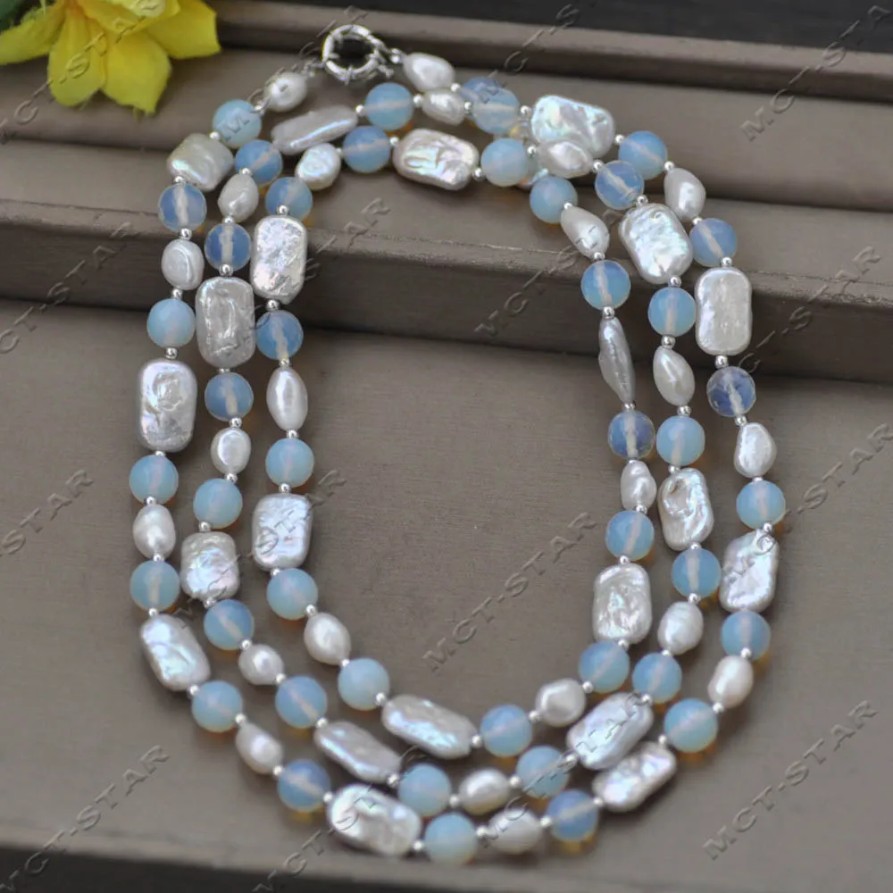 

MCT·STAR 50'' 17mm White Baroque Square Coin Pearl Round Faceted Opal Necklace CZ Custom Jewelry（Z13985 ）
