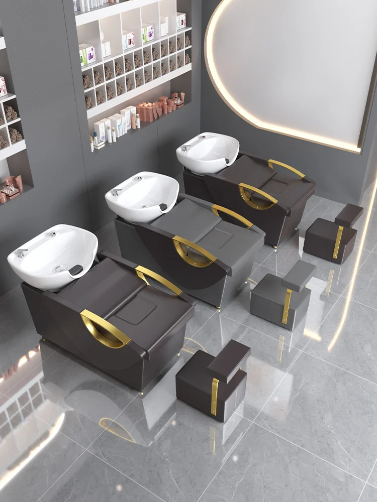 Golden high-end stainless steel ceramic basin for semi-lying shampoo bed in hair salon and hair salon.