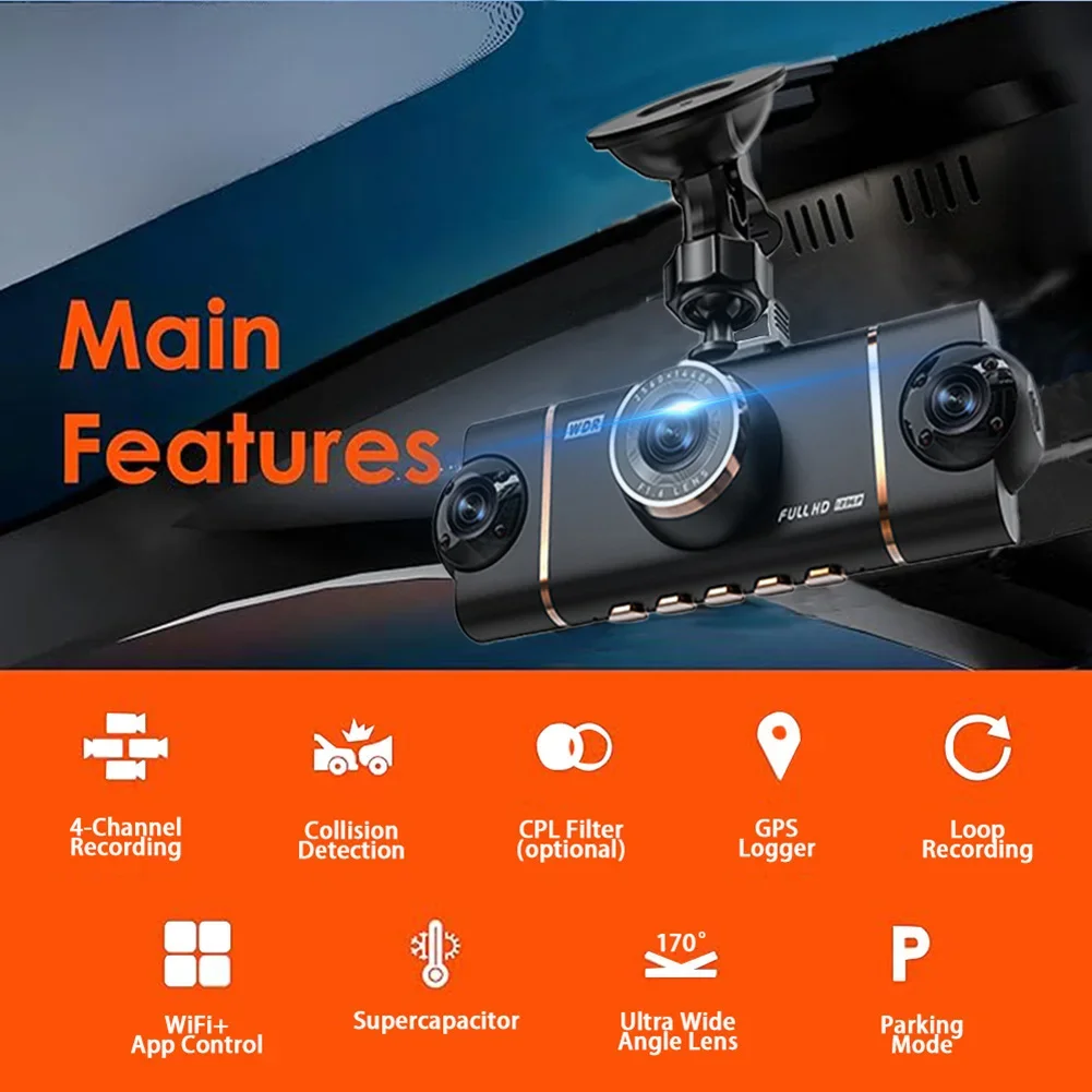 360° Panoramic WiFi Dash Cam With 4-Channel For Night-Vision 2.45 Inch HD Dashboard Camera App Control Loop Recording