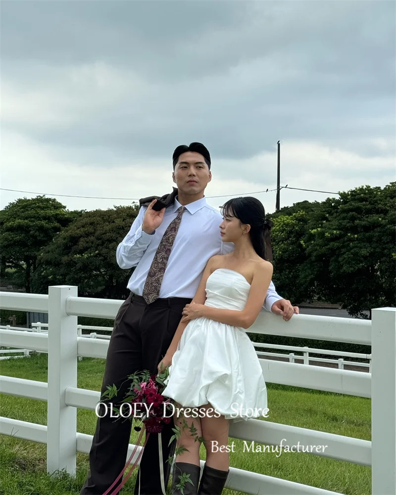OLOEY Simple A Line Mini Short Wedding Dresses Korea Photo shoot Strapless Pleats Bride Gowns Formal Party Dress Corset Back