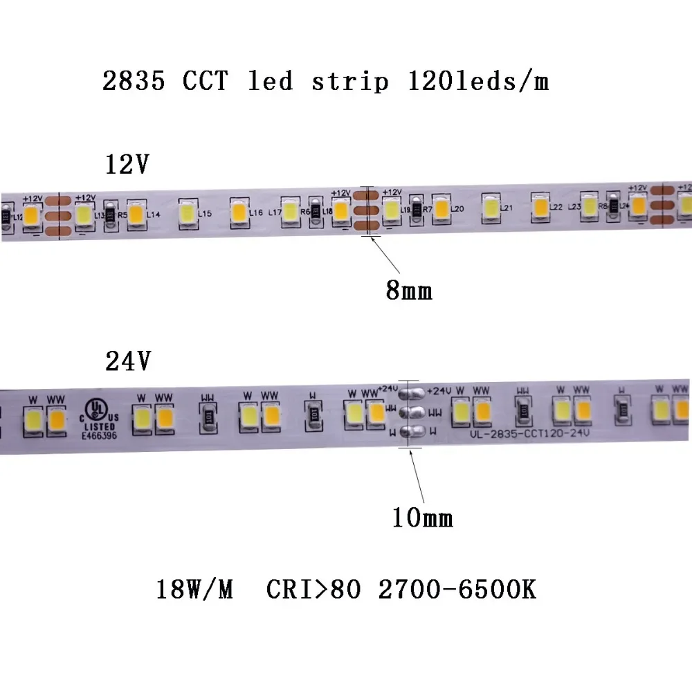 2835 Dubbele Kleur Led Licht Dc 5V 12V 24V 120 180 240 336 dids/M 5MM 8MM 12MM rasa Pcb Flexibele Dimbaar lampa na barek ct