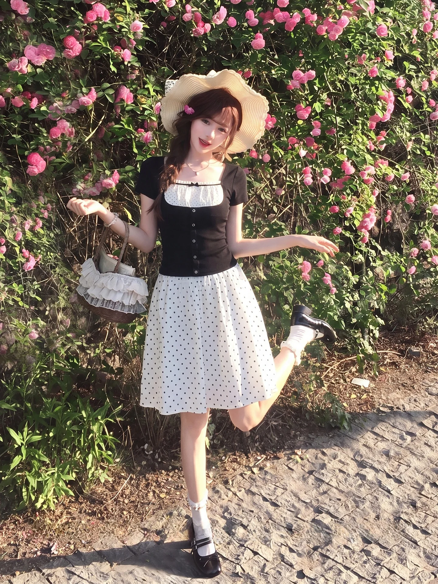 

Casual Summer Outfit Women's Short Sleeve A-Line Skirt Set Two-Piece Color Block Fashion Student Work Uniform High Waist Shor...