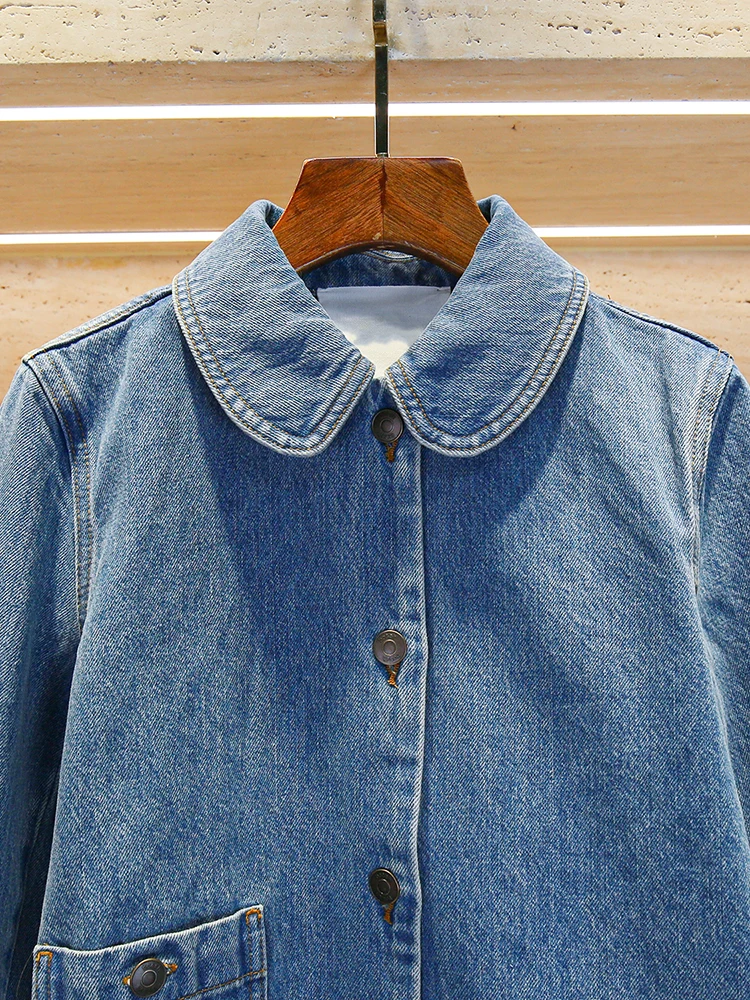 High-End Retro Waed Doll Kraag Denim irt Dames Top South Oil Premium Herfstcollectie Woon-werk Sle Loose Fit Lange Sl...