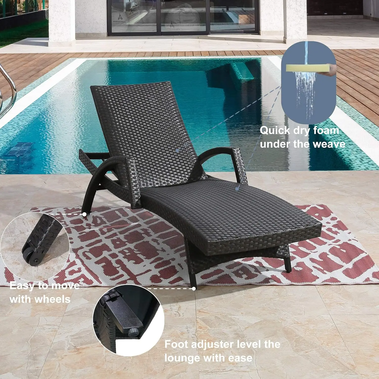 Ulax Lounge Chairs for Outside, Woven Padded Non-Rust Aluminum Chaise, Quick Dry Foam, Adjustable Armed Patio Lounger with Wheel