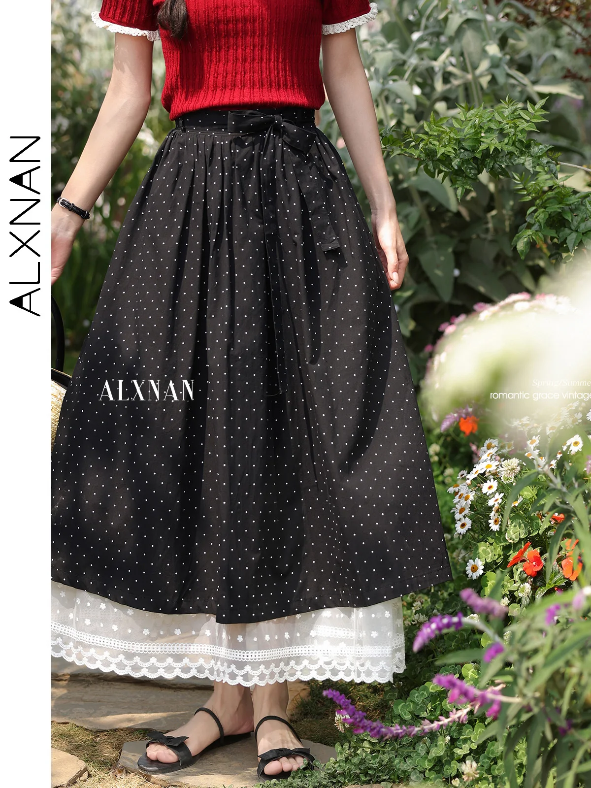 

ALXNAN Black Polka Dot Long Skirt Elegant Lace Panel Cotton 100% Women's Midi Skirt Loose-fit Casual Chic Female Clothing L55276