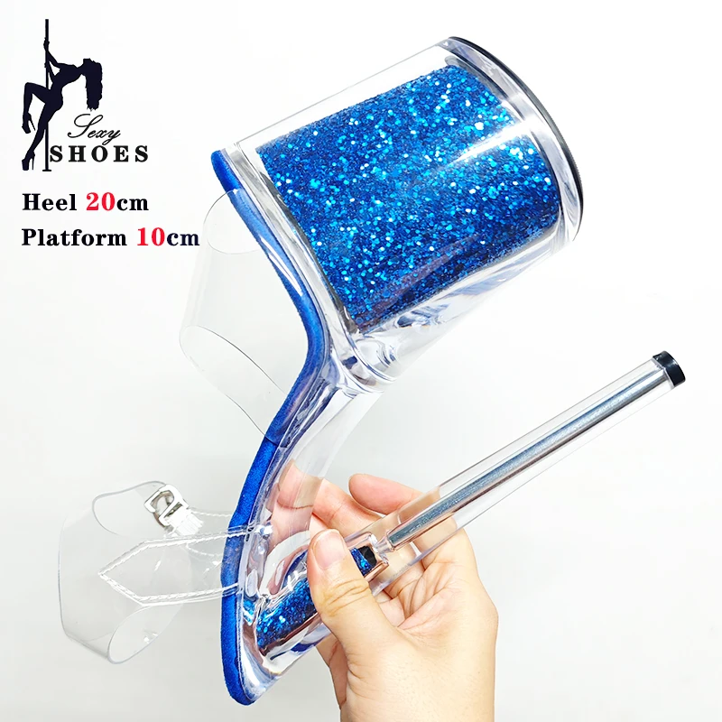 Blue 20cm 8inch Transparent Platform Women Sandals Sequined Decoration Stiletto Banquet Nightclub Shoes Pole Dancing Model Heels