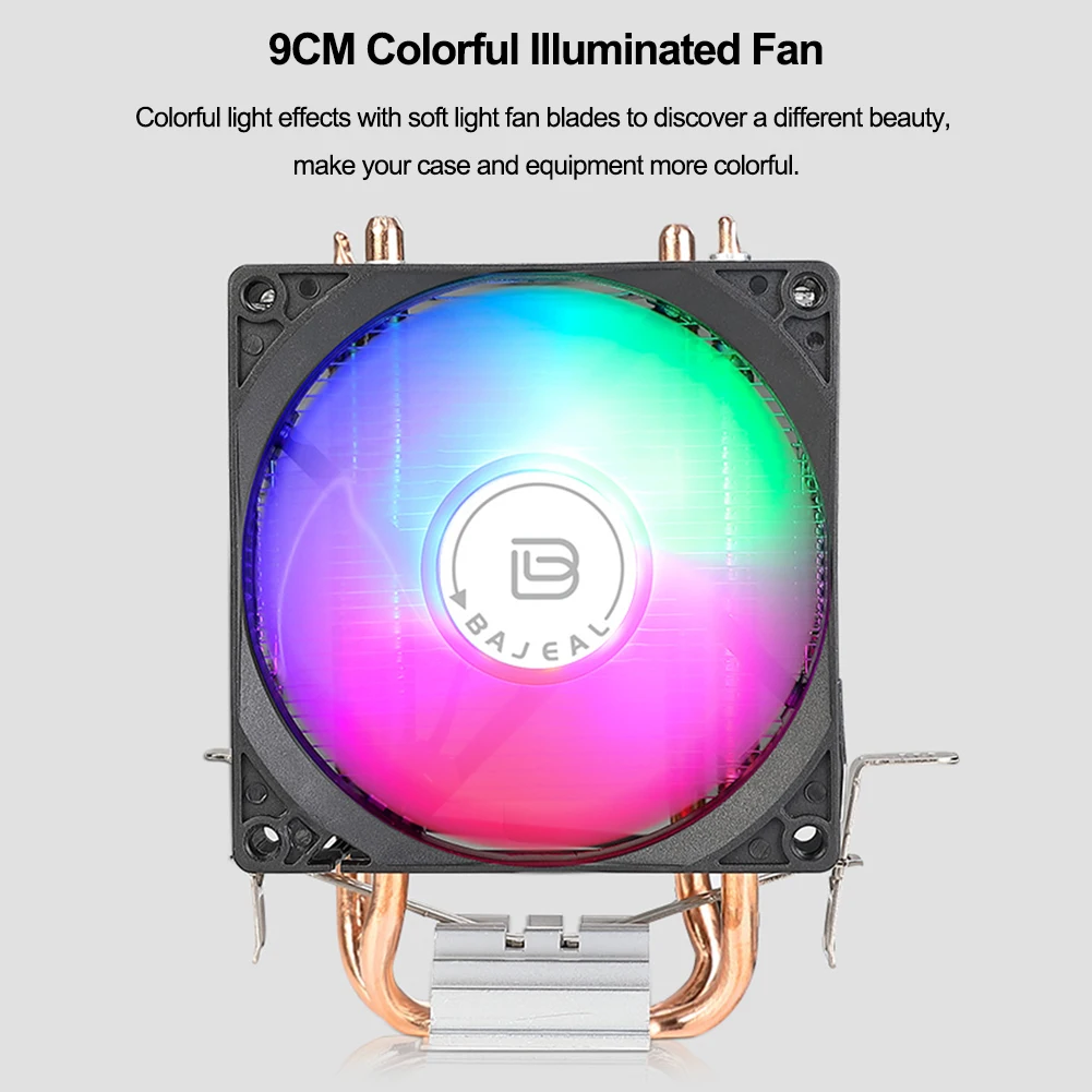 90mm CPU Cooler with 2 Heat Pipes CPU Air Cooler 3PIN Quiet Rainbow RGB Cooling Fan for Intel 1150/1151/1155/1156/1200 AMD AM2