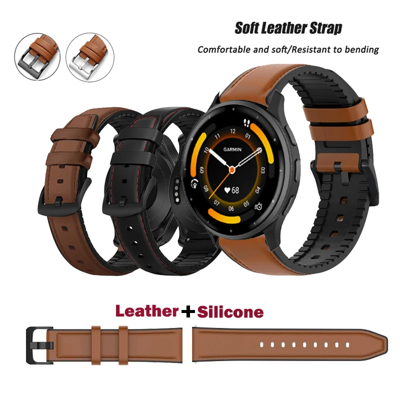 

20 22mm Quick Pins Strap Genuine Leather Silicone Band for Garmin Venu3 / Venu Sq 2 Venu 2 Plus / Vivoactive 6 5 3