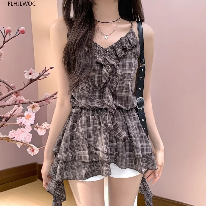 Irregular Sleeveless Peplum Tops Cute Sweet Japan Girls Retro Vintage Ruffles Plaid Shirts Slim Waist Chic Y2K Design Blouses