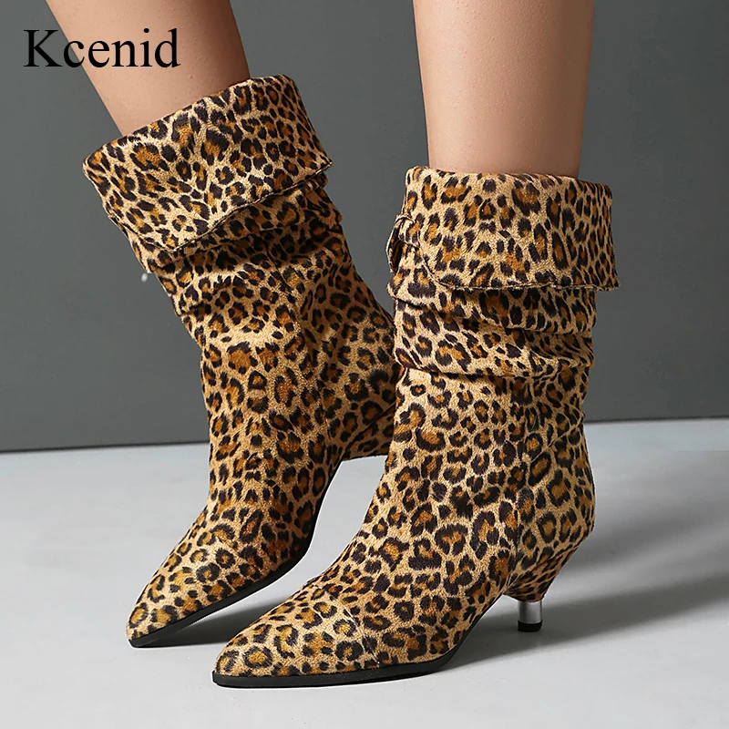 

Kcenid/женские ботинки с леопардовым принтом, осенне-зимние современные туфли без шнуровки до середины икры с острым носком, большой размер 46, 33, со плиссированным дизайном