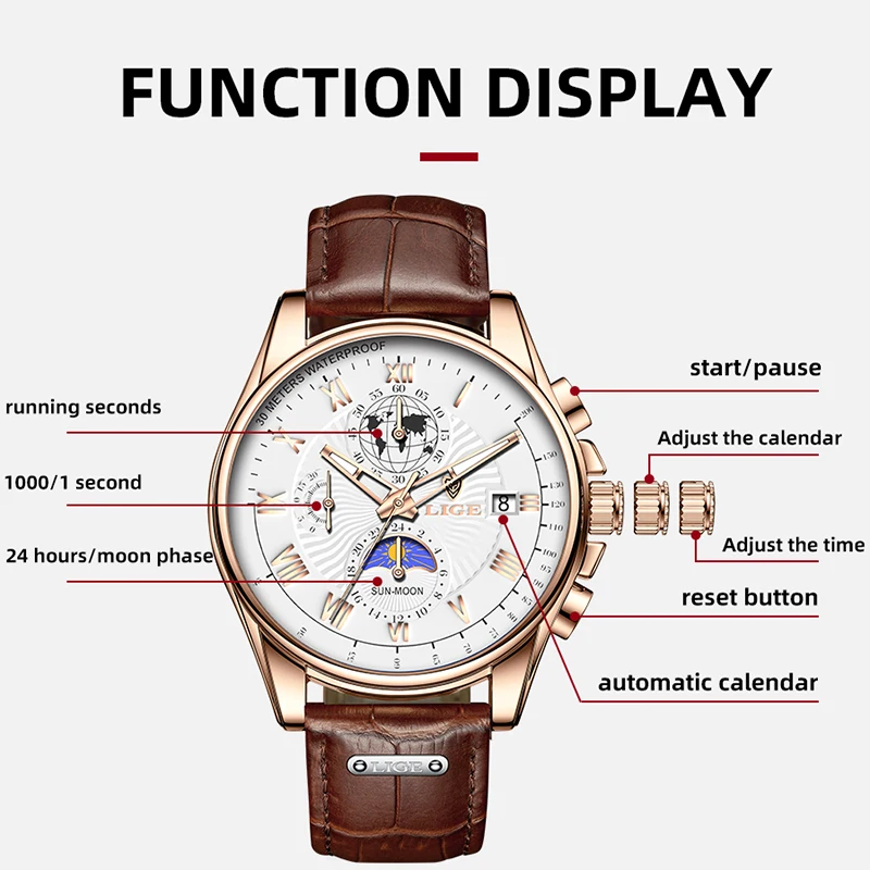 New Original Leather Watch For Men LIGE Top Brand Luxury Mens Watches Fashion Military Waterproof 24 Hour Moon Phase Watch Men