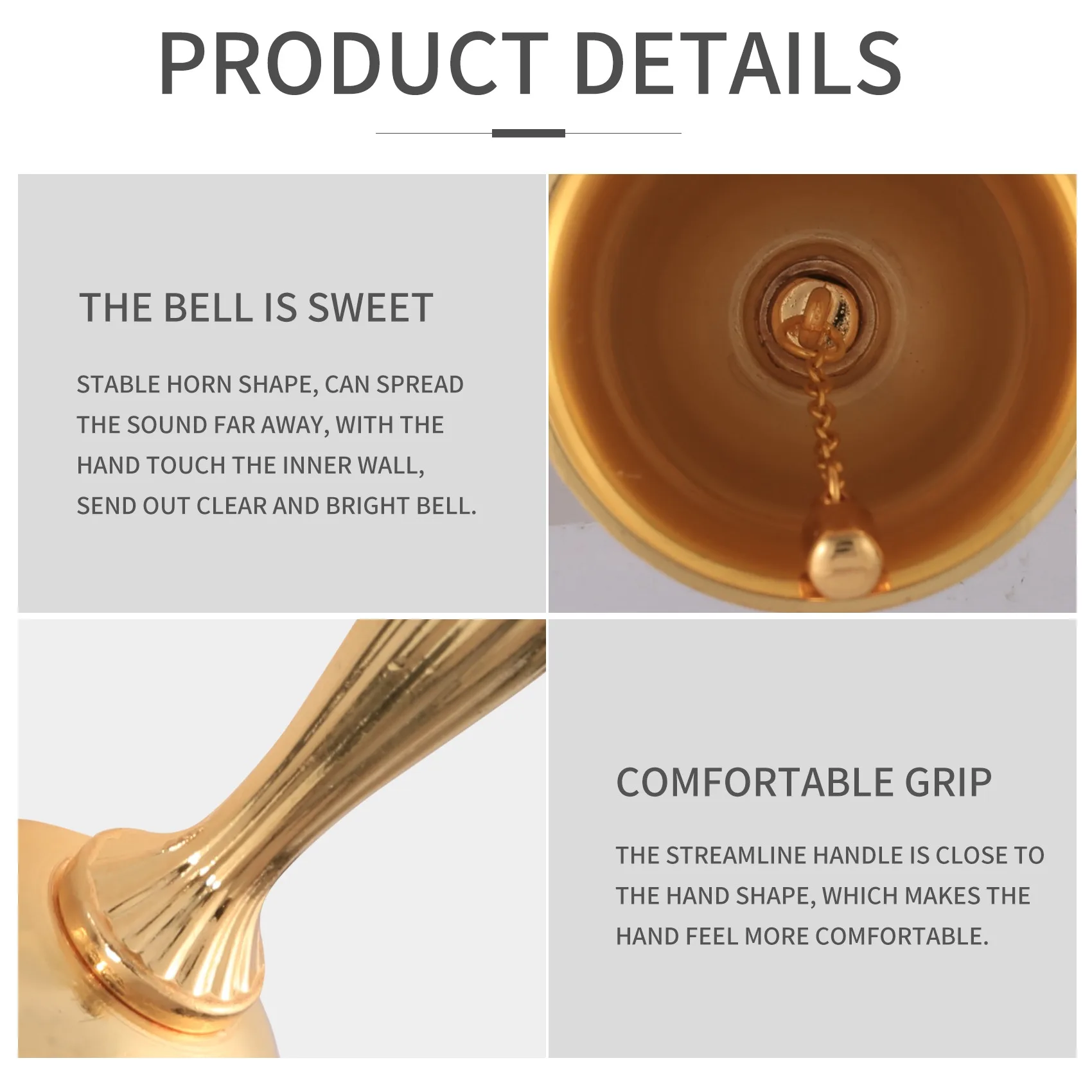 Ouro Metal Tone Hand Bell, Alarme De Anel, Segure De Mão, Chamada De Serviço, Chá, Jantar, Jogo, Natal