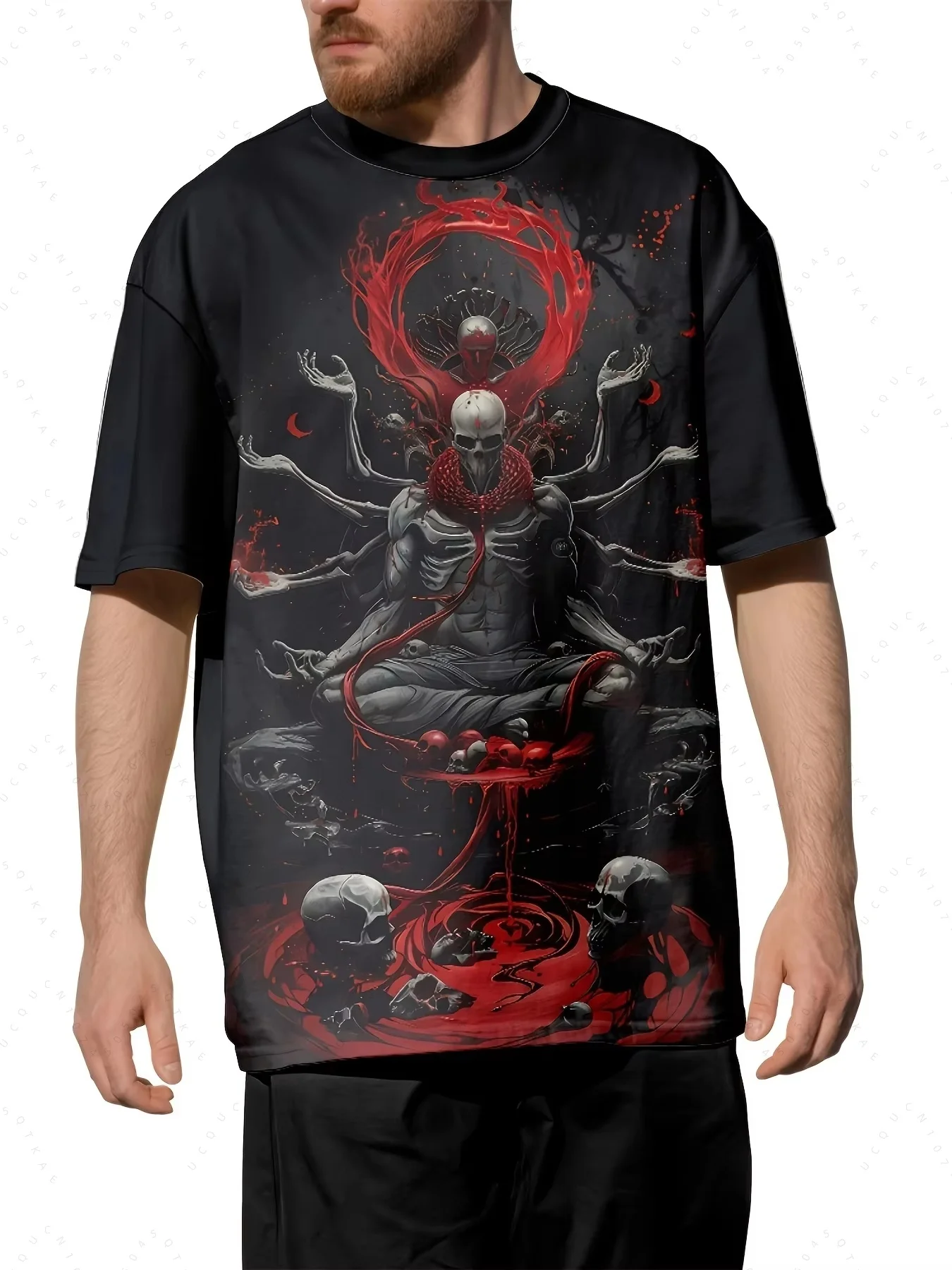أفضل الأسود حرفي عبادة نمط 2026 تي شيرت رجالي فضفاض قصير الأكمام القطن تي شيرت القوطية الجمجمة الجناح تصميم المتضخم تي شيرت #2