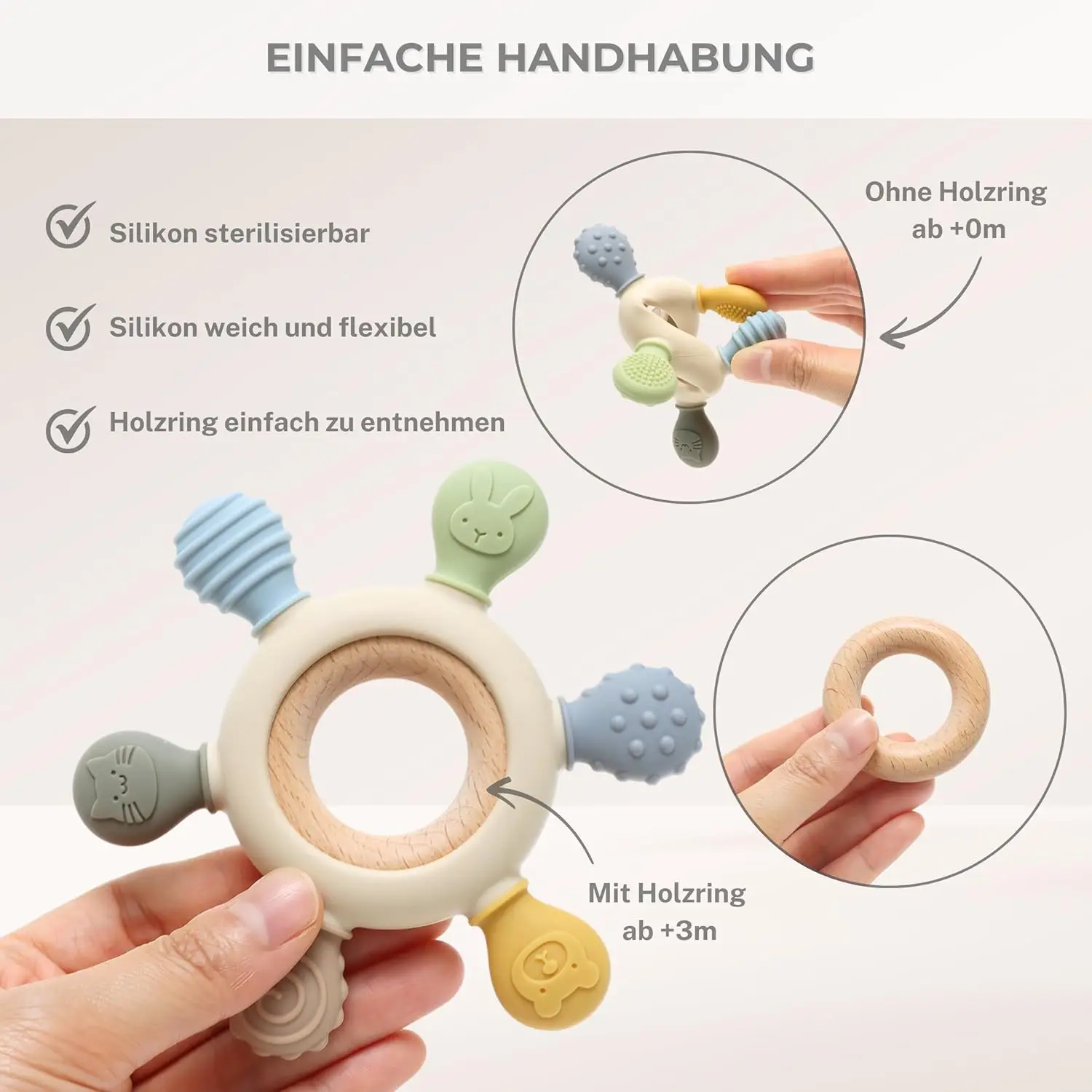 Baby-Beißring – Beißspielzeug mit Tiermotiv aus Silikon und Holz, zur Pflege von Babys