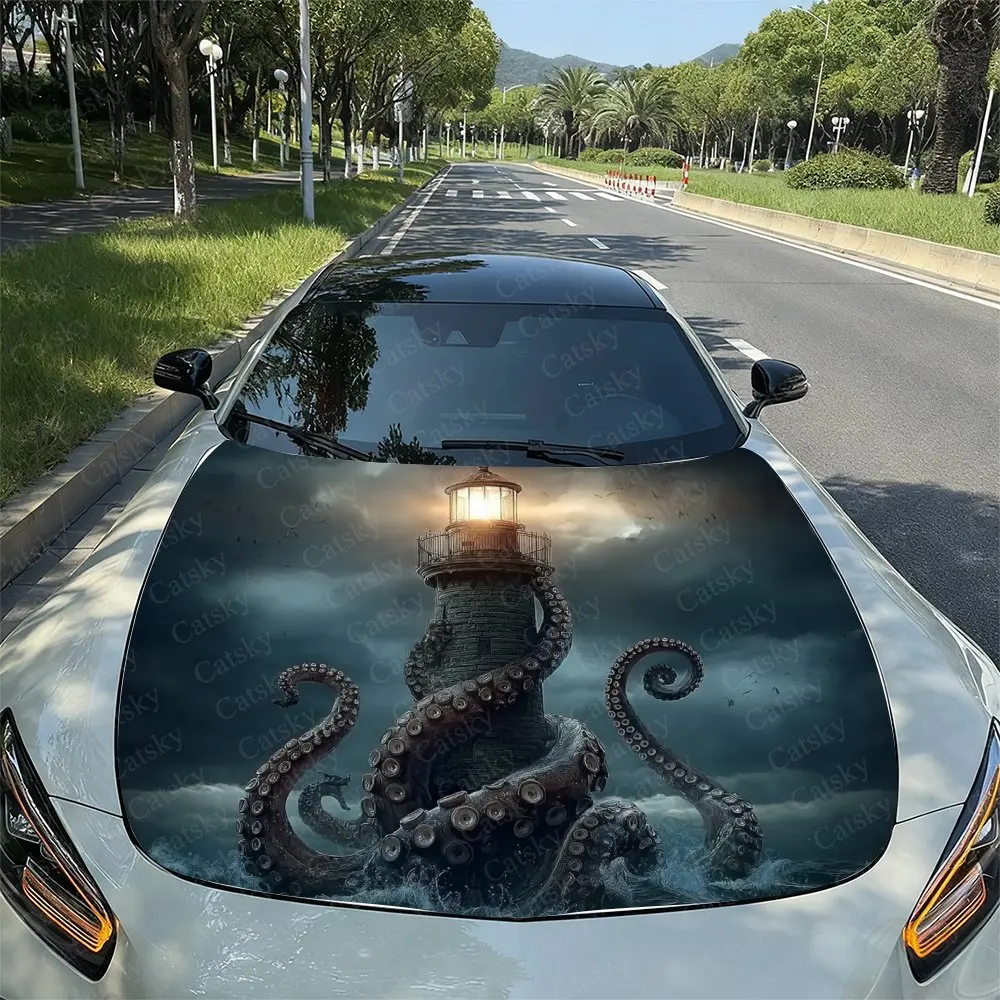 Sea Monsters And Lighthouses Car Hood Decal Sticker - Durable Vinyl Wrap, Splash-Resistant & Easy Removal, Fit For All Cars - Au