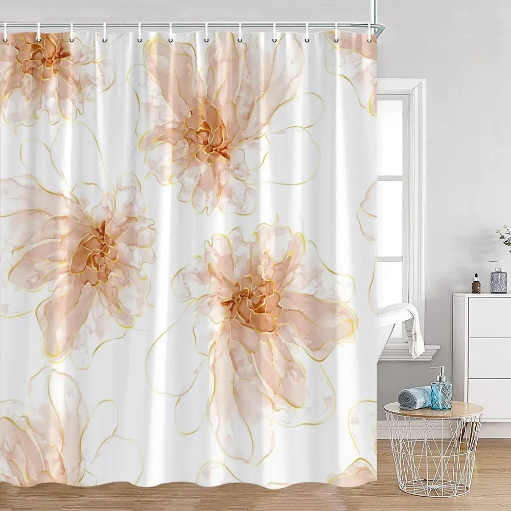

Простой стиль, занавеска для душа с цветком и листьями, золотая линия, абстрактное украшение для ванной комнаты, современная занавеска для душа из полиэфирной ткани