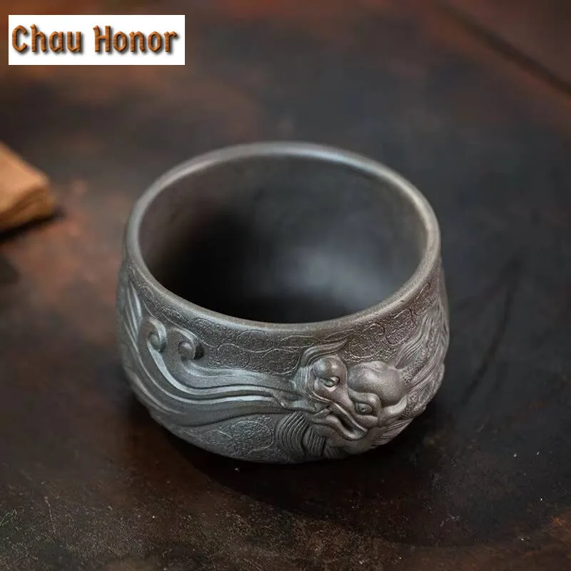 150ml Yixing Raw Ore Purple Clay Sculpture Ichthyosaur Master Cup Handmade Household Kung Fu Tea Set Tea Ceremony Drinkware Gift