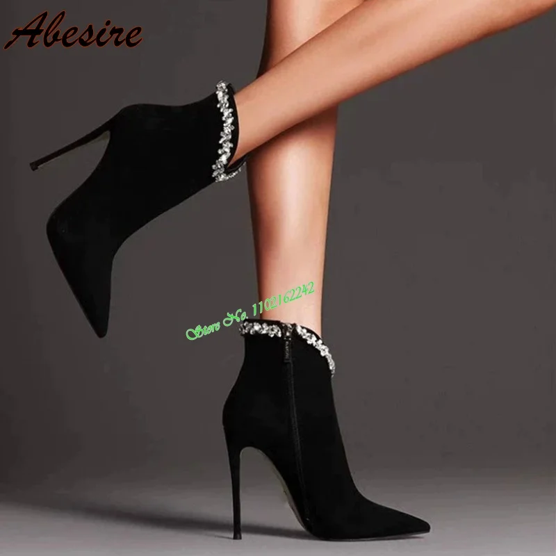 Sexy Black Rhinestone Nude Boots Pointed Toe Stiletto Side Zipper Fashion Catwalk Temperament Dress Short Boots For Women 46