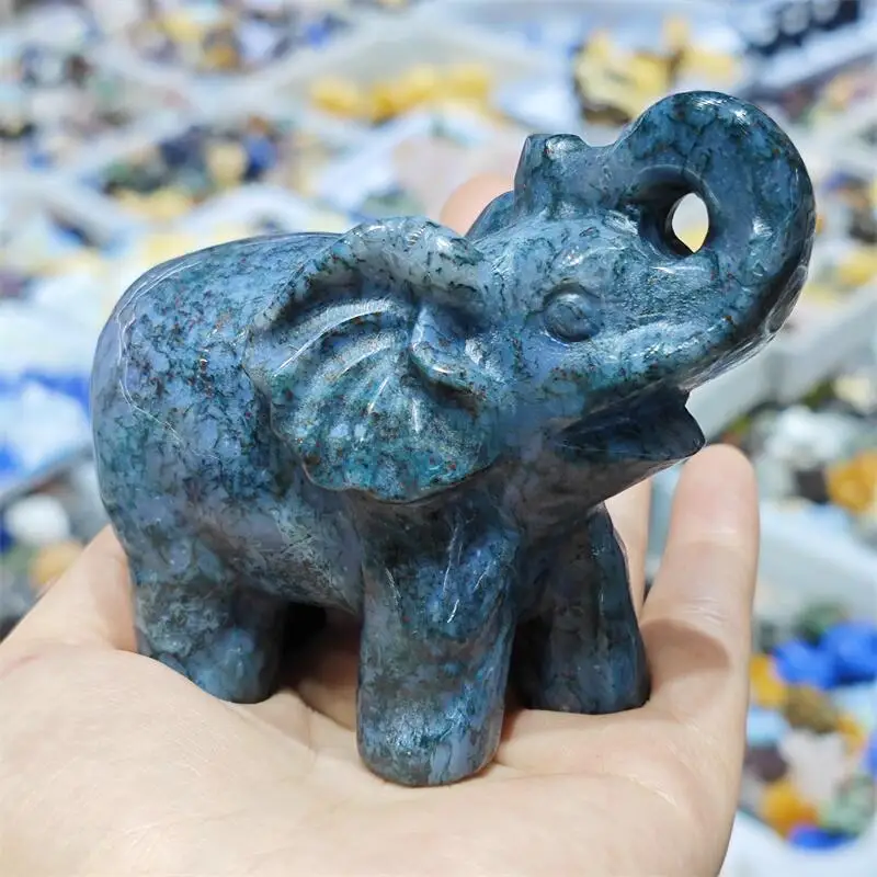 Natural Moss Agate Elephant Carving Healing Reiki Figurine Crafts Home Decorat Gift 1PCS