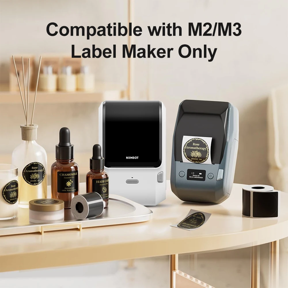 For Niimbot M2/M3 Thermal Transfer Label Black Paper Sticker, White & Golden Ribbon for Aroma, Oil, Perfume, Baking Label Sticky