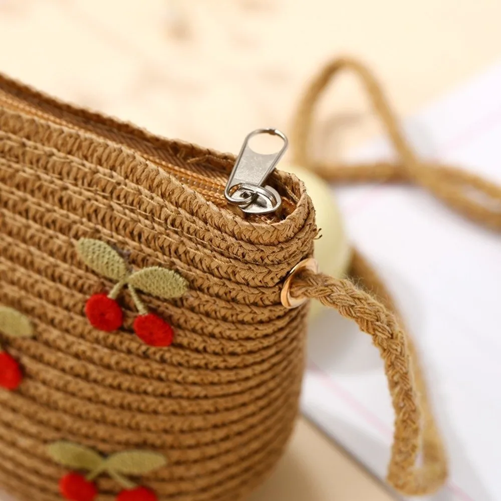 Cute Red Cherries Children Straw Bag Zipper Photo Props Girl Shoulder Bags Small Wallets Beach