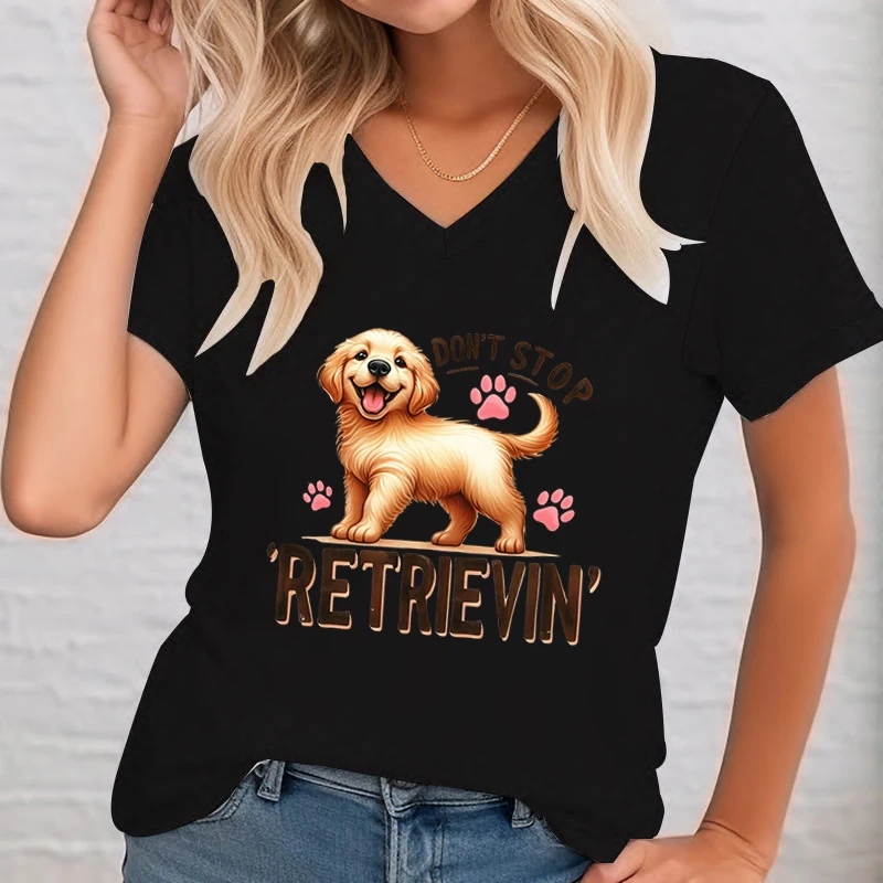 Women\'s T-Shirt Cute Golden Retriever Dog Short Sleeve V-Neck Shirt Fashion Loose Short Sleeve Tee Funny Dog Paw Pattern T Shirt