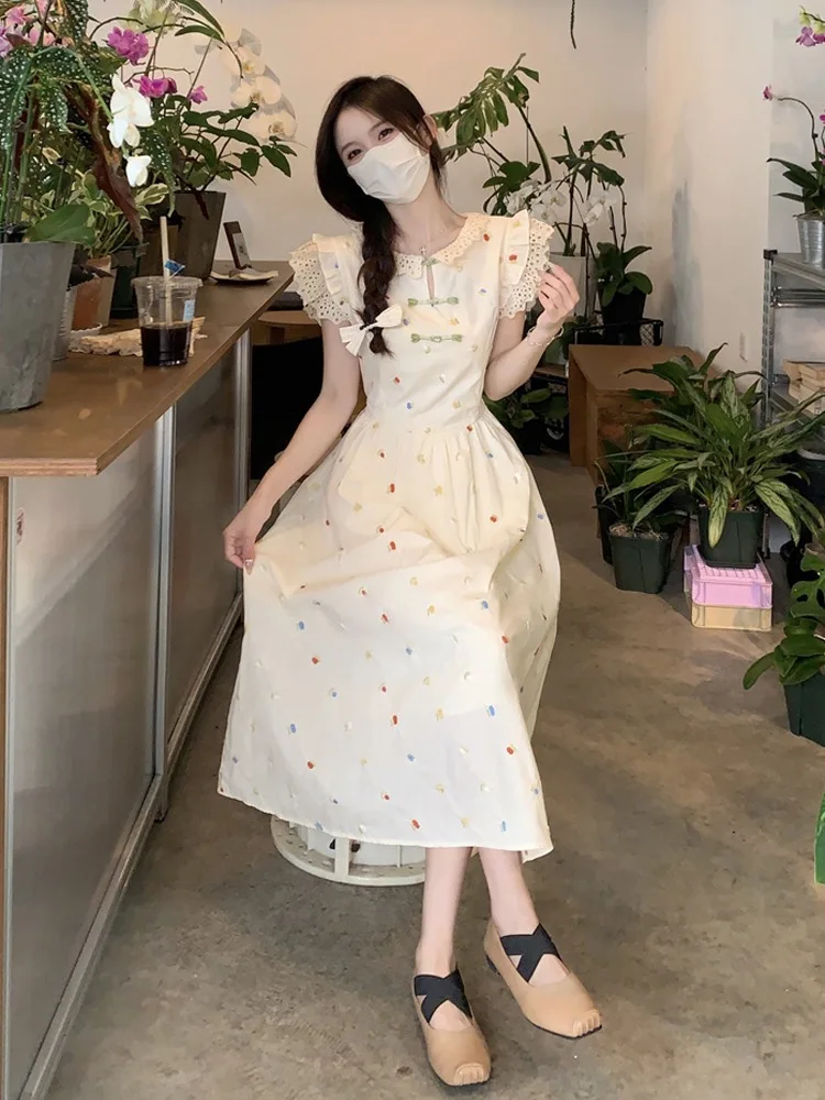 Flying Sleeve Midi Dress Women Gentle Summer Korean Fashion Harajuku Chinese Stylish Temper Girlish Minimalist Aesthetics Chic