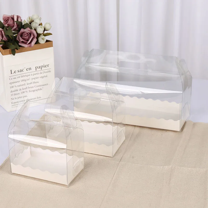 10 PCS Swiss Roll Portable Transparent Cake Packaging Box Towel Roll Plastic Long Take Away Dessert Package Handle Wholesale