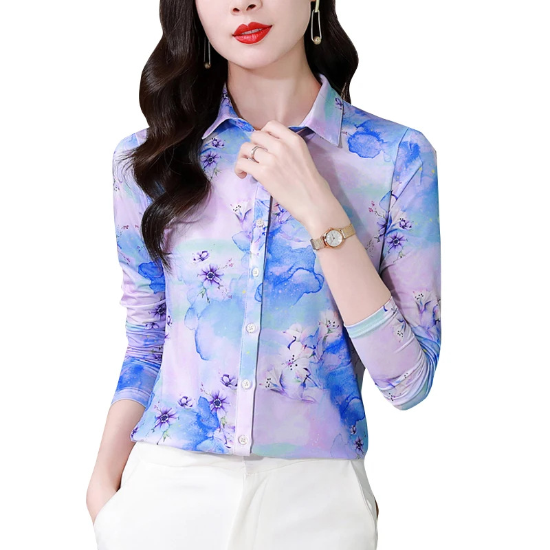 Fashion Elegant Women Silk Blouse 2024 Long Sleeve Chic Printed Slim Women Basic Tops Stretch Women Office Shirts Blusas Mujer