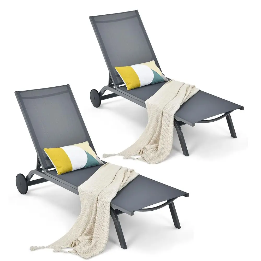 

2 шт. уличных шезлонгов для патио, регулируемый шезлонг для бассейна с 6 положениями регулировки, с устойчивой алюминиевой рамой, портативный шезлонг для загара