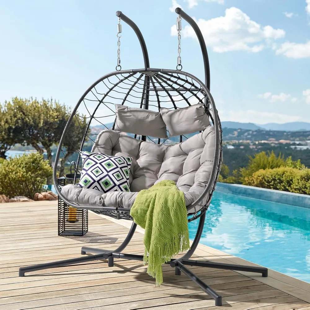 

2 Person Double Egg Swing Chair with Stand Indoor Outdoor, Patio Wicker Rattan Hanging Egg Chair w/Cushion, Pillow