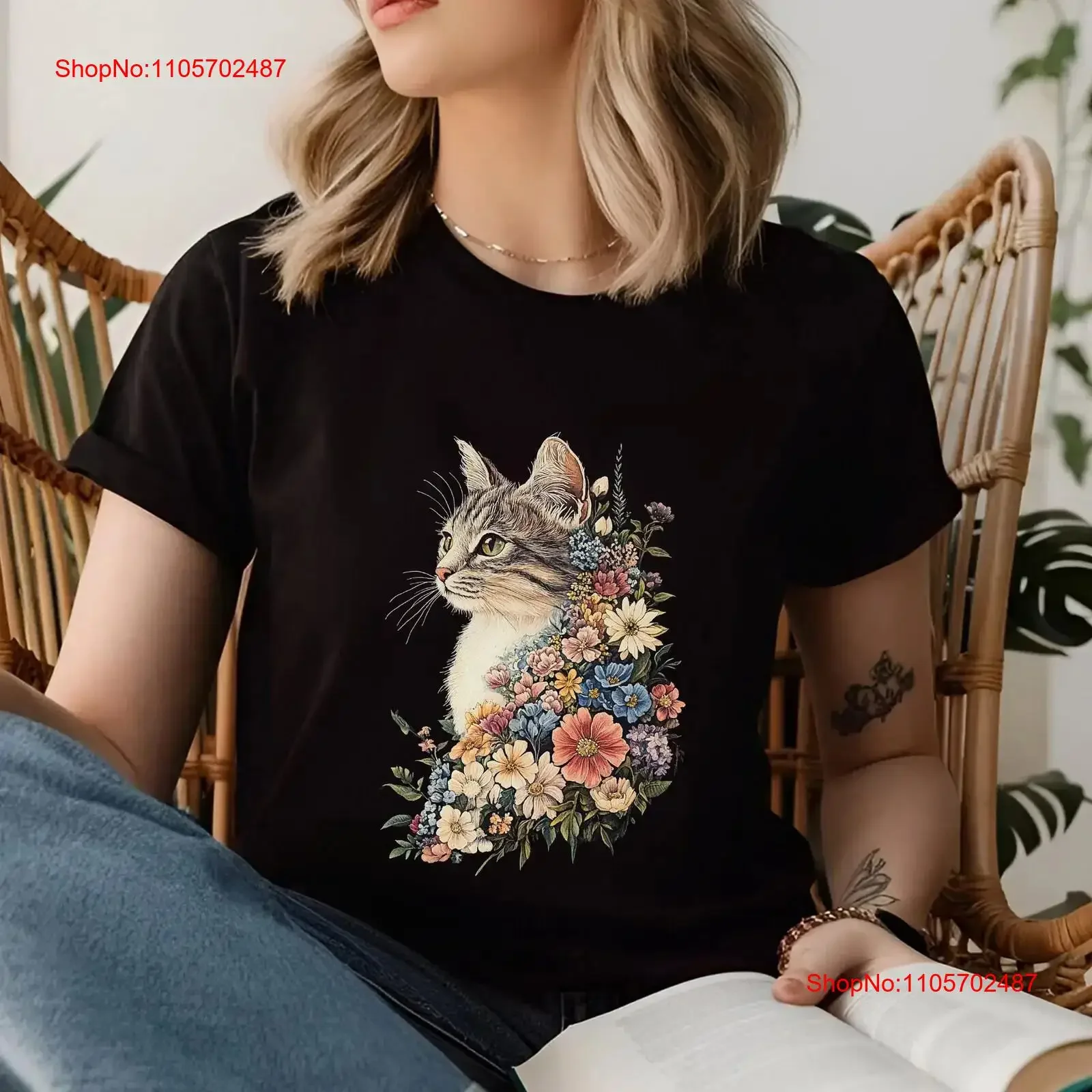 Floral CaT T Shirt Nature Inspired Design and Flowers Boho Pet Lover Apparel Cute Mom Artistic Feline Top vintage Washed