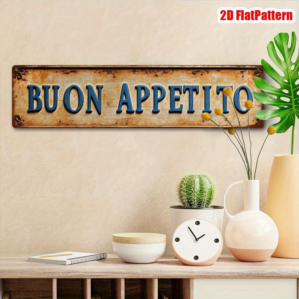 2D Flat, 1pc Italian "BUON APPETITO" Vintage Metal Sign - Large Distressed Rustic Italian Wall Decor with Italian Phrase, Italia image 3