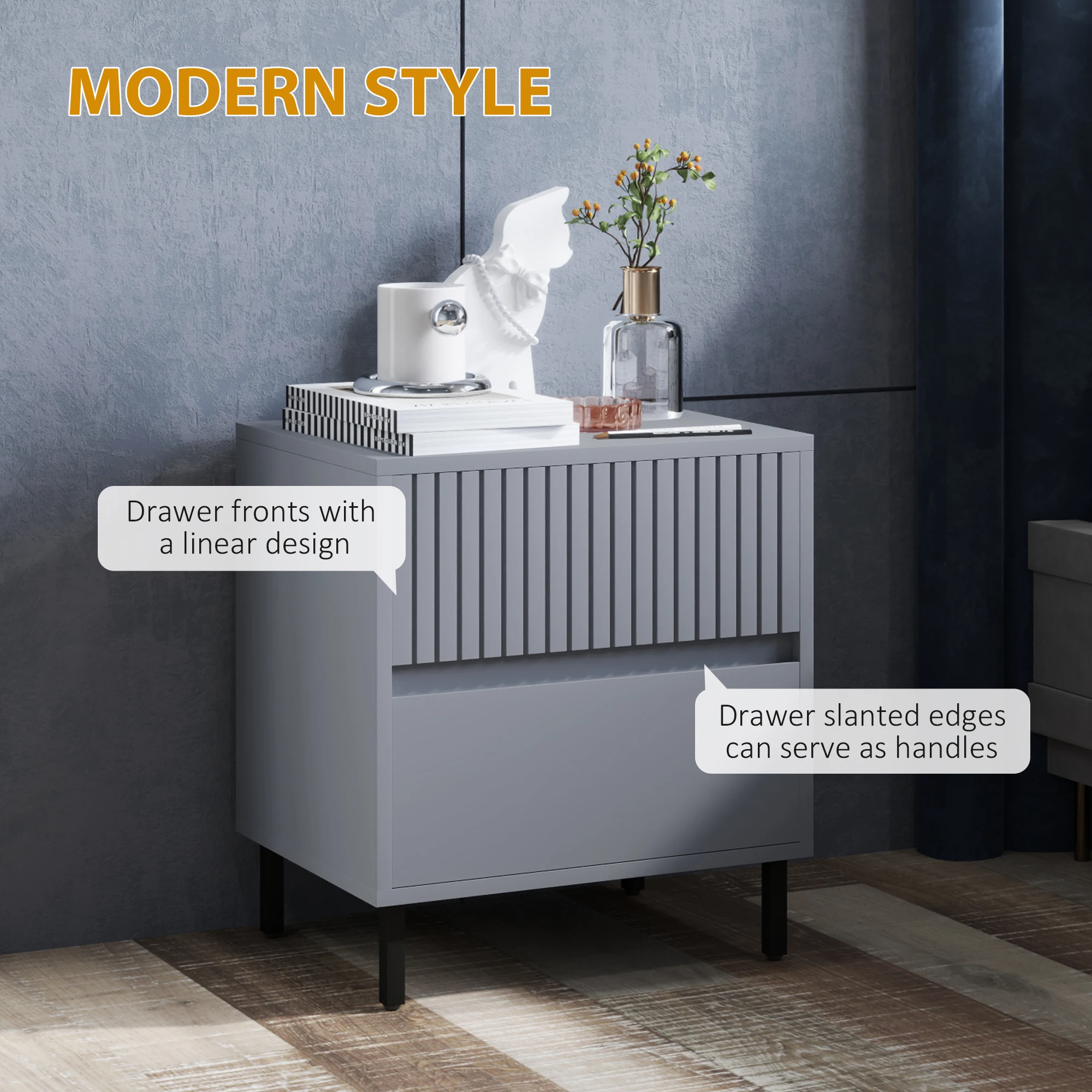 HOMCOM Bedside Table with 2 Drawers and Steel Legs for Bedroom, Grey