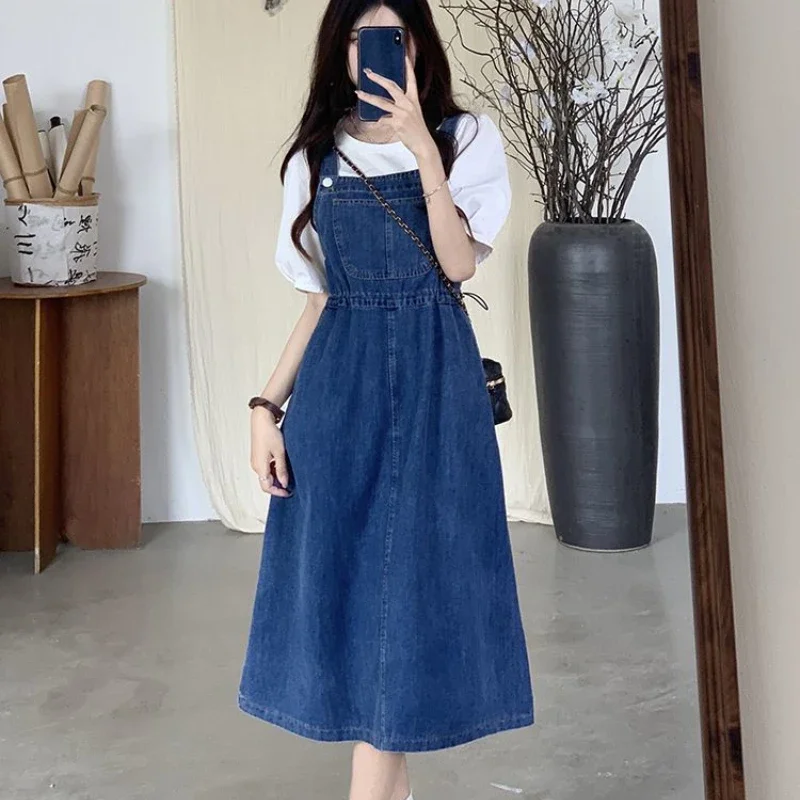 2024 Fashion Women Denim Suspender Skirt Spring Summer Causal Strap Skirt Female High Waist A-line Solid Lace-up Women Skirt