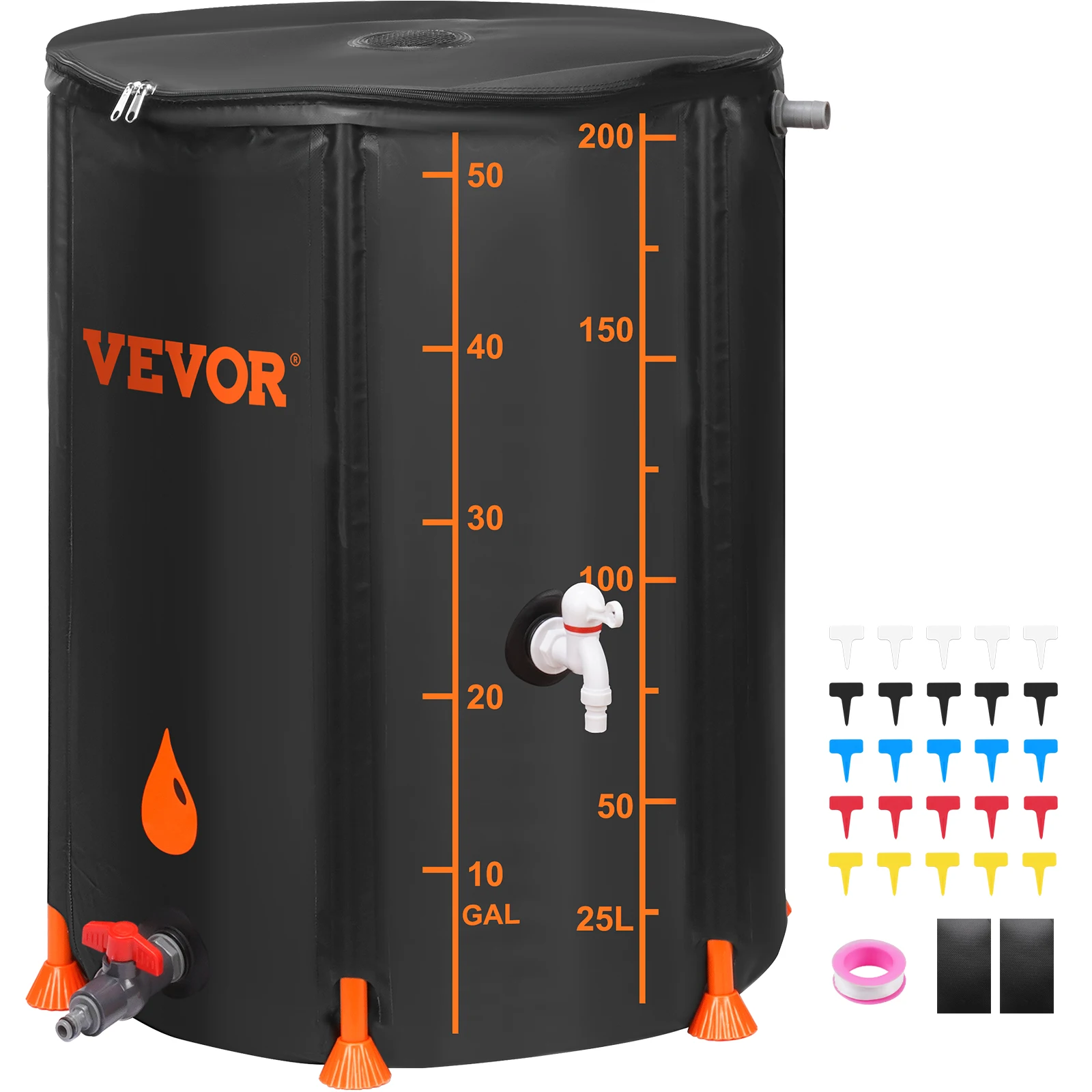 VEVOR Collapsible Rain Barrel 53/100 Gal Large Capacity PVC Rainwater Collection System with Spigots and Overflow Kitfor Garden