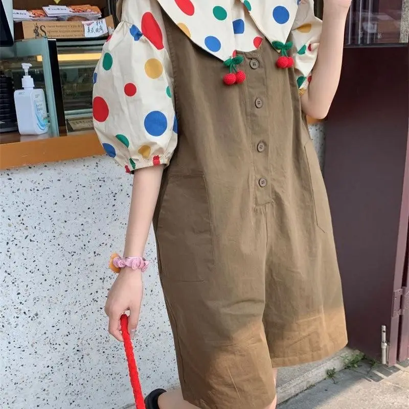 Sweet Doll Collar Colored Polka Dot Short Sleeved Shirt+wide Leg Shoulder Strap Shorts Summer Casual Two Pieces Set for Women